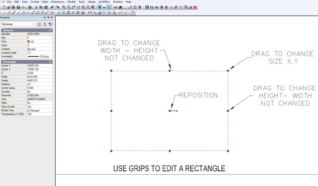 Use grips to edit rectangles